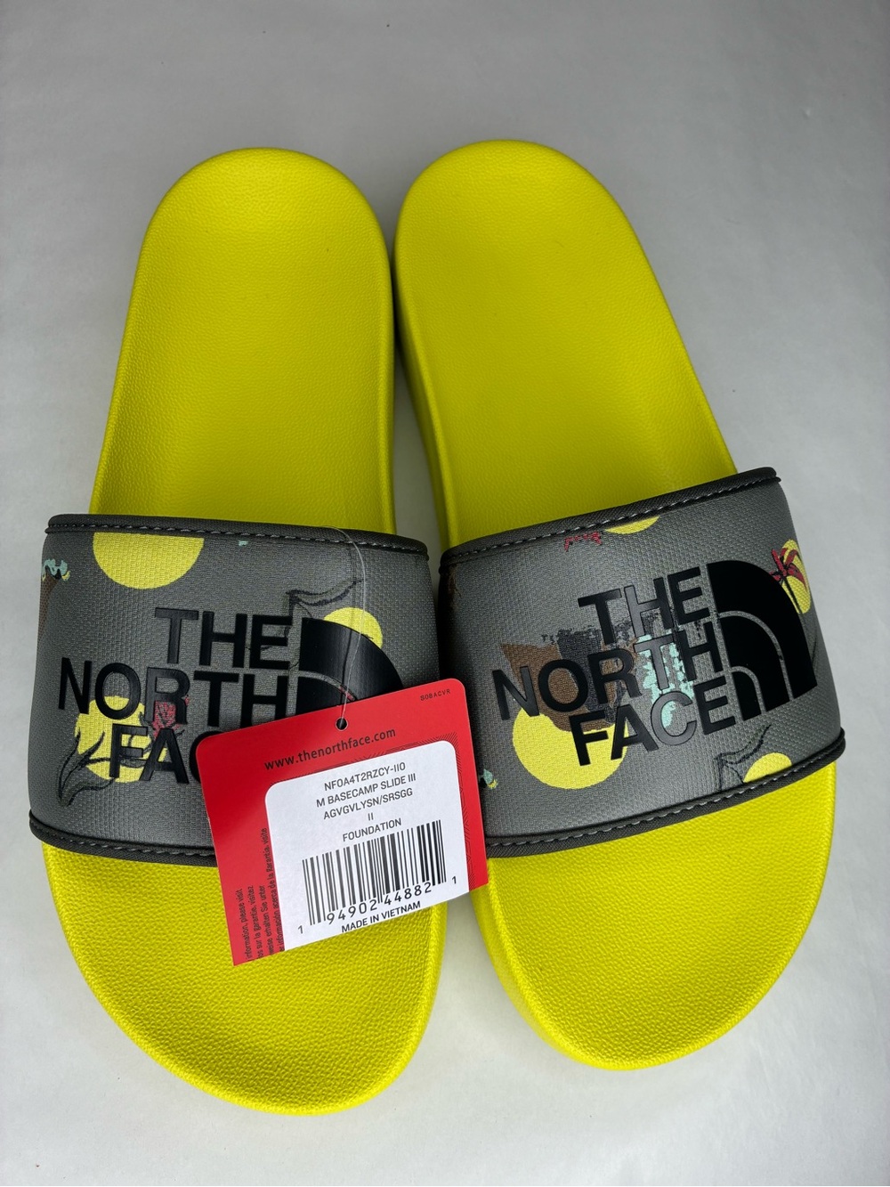 The North Face Neon Yellow and Gray Logo Slide Sandals
